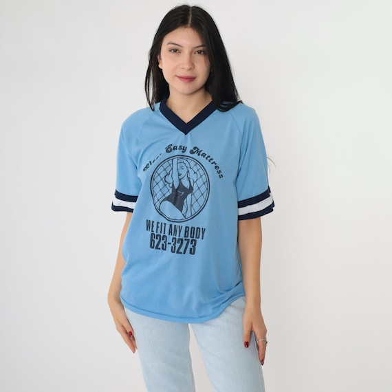 Vintage 80s Sleep Easy Mattress Jersey Raglan Sleeve Pin Up Girl Baseball Shirt Graphic Blue Mesh Athletic Ringer Tee 1980s V Neck Medium