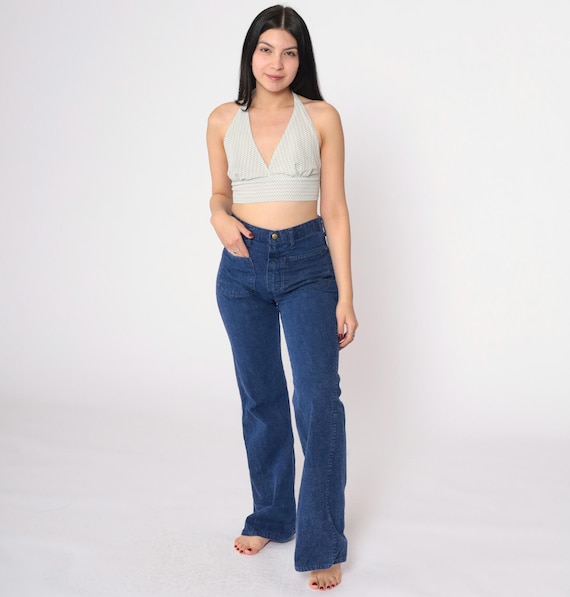 70s Bell Bottom Jeans Dark Blue Ely Denim Pants Wide Leg High Waisted Rise Bellbottoms Retro Hippie Flared Leg Vintage 1970s Small Tall