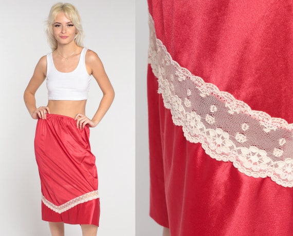 70s Red Slip Skirt Vintage Lingerie Half Slip Skirt Midi White LACE Slip Floral Pinup Pin Up Bohemian 1970s Small Medium