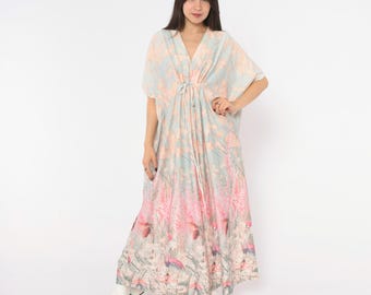 70s Crane Bird Caftan Maxi Dress Blue Pink Floral Kimono Sleeve V Neck Butterfly Pastel Kaftan Gown Cherry Blossom Loungewear Vintage Large