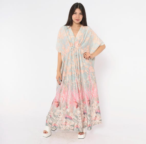 70s Crane Bird Caftan Maxi Dress Blue Pink Floral Kimono Sleeve V Neck Butterfly Pastel Kaftan Gown Cherry Blossom Loungewear Vintage Large