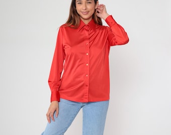 70s Coral Red Blouse Satin Long Sleeve Button Up Disco Shirt Pointed Collar Vintage Polyester Lustrous Shiny Office Studio 54 Medium M