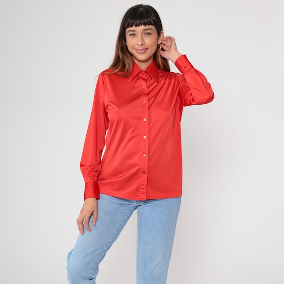 70s Coral Red Blouse Satin Long Sleeve Button Up Disco Shirt Pointed Collar Vintage Polyester Lustrous Shiny Office Studio 54 Medium M