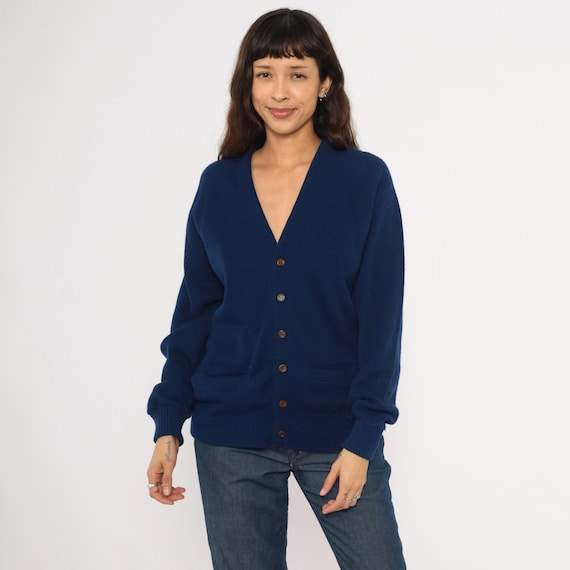 70s Navy Cardigan Button Front V Neck Sweater Dark Blue Knit Grandpa Style Patch Pocket Collegiate Academic Vintage Unisex Small S