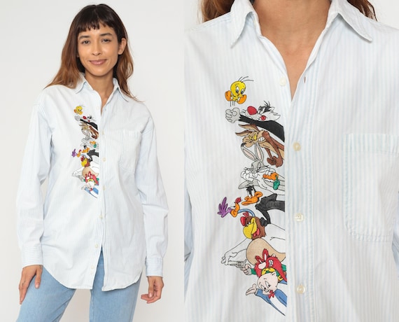Looney Tunes Shirt 90s White Blue Stripe Button Up Tweety Sylvester Bugs Bunny Daffy Duck Long Sleeve Cotton Oversized Extra Small XS