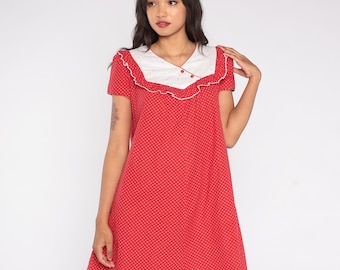 Heart Print Mini 70s Prairie Folk Red Micro Heart Print White Bib Embroidery Shift Sweet Valentine Especially For You Hawaiian Small S 8
