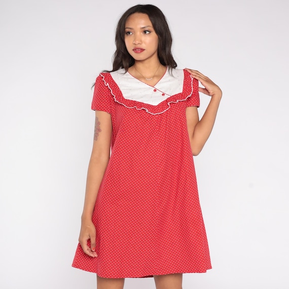 Heart Print Mini 70s Prairie Folk Red Micro Heart Print White Bib Embroidery Shift Sweet Valentine Especially For You Hawaiian Small S 8