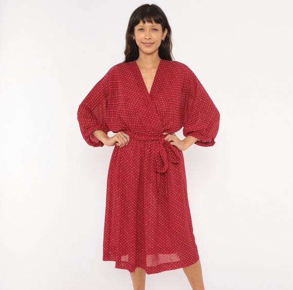 80s Burgundy Wrap Dress Dotted Print Wine Knee Length V Neck Blouson Sleeve Tie Waist Belt Sheer Crimson Prairie Style Vintage Extra Large