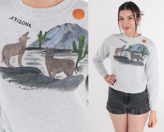 Arizona Sweatshirt 90s Painted Sweatshirt Desert Coyote Cactus Glitter Full Moon Graphic Shirt Grey Sweater Vintage 1990s Extra Small xs