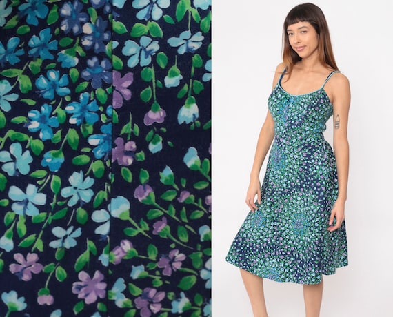 70s Floral Sundress Deweese Dress Hippie Navy Blu… - image 1
