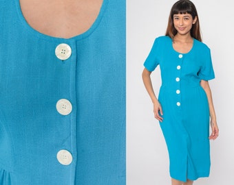 80s Sheath Dress Bright Blue Button Up Midi Dress Short Sleeve Pencil Secretary Dress Plain Turquoise Vintage 1980s Pocket Medium 8