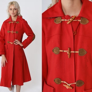 Red Hooded Coat 70s Wool Peacoat Toggle Button up Trench Pea Coat Long Jacket Warm Winter Trenchcoat Hood Elbow Patches Vintage 1970s Small image 1