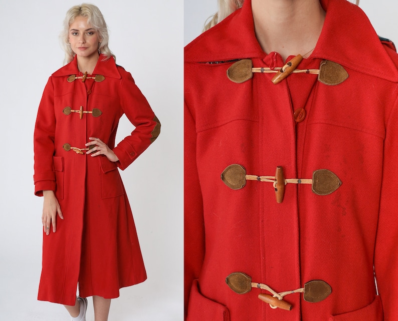Red Hooded Coat 70s Wool Peacoat Toggle Button up Trench Pea Coat Long Jacket Warm Winter Trenchcoat Hood Elbow Patches Vintage 1970s Small image 1