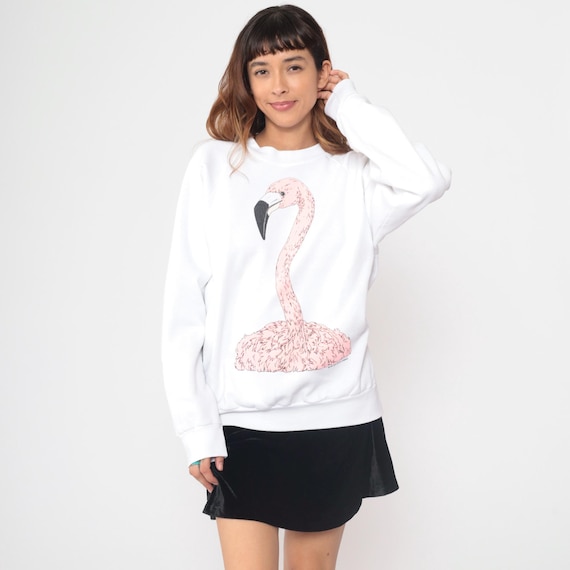 Flamingo Sweatshirt 90s White Pink Oneita Power Sweats Cotton Polyester Bird Graphic Oversized Crew Neck Animal Print Extra Large XL