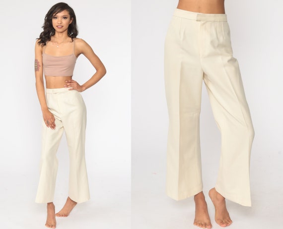 Bell Bottoms Pants 70s Cream Trousers Boho Hippie Bellbottom High Waisted 1970s Vintage Bohemian Trousers High Rise Small 27
