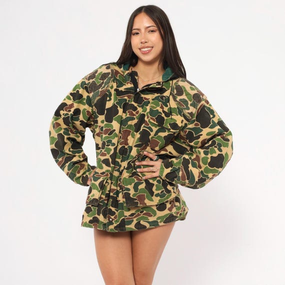 Duck Camo Hunting Jacket 90s Saf T Bak Hooded Field Coat Quilted Shoulder Camouflage Green Brown  Military Utility Outdoor Vintage Large L