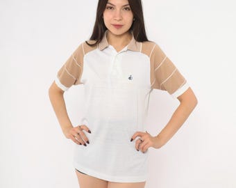 80s White Ivory Tan Polo Shirt Striped Raglan Cotton Collared Preppy Colorblock Beige Neutral Golf Top Pullover Knit Womens Mens Medium M