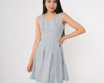 60s Striped Dress Blue White Pleated Sleeveless A Line Fit Flare Cotton Summer Pinstripe Sundress Mod Style Preppy Chic Extra Small XS 2