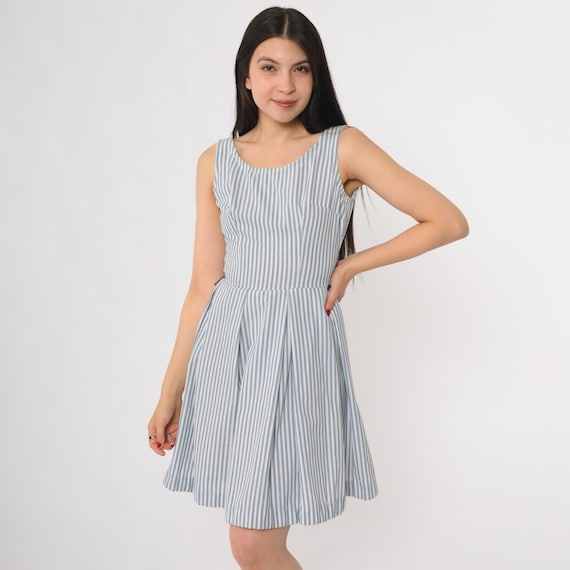 60s Striped Dress Blue White Pleated Sleeveless A Line Fit Flare Cotton Summer Pinstripe Sundress Mod Style Preppy Chic Extra Small XS 2