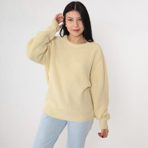 Vintage Cream Sweater Plain Ribbed Sweater 80s Slouchy Knit Pullover Jumper Raglan Sleeve Crewneck 1980s Normcore Medium Large