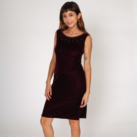 Burgundy Velvet Dress 90s Party Dress Beaded Mini Dress Sleeveless Cocktail Going Out Dress Evening Simple Sheath Vintage 1990s Small S