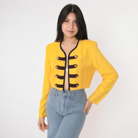 Vintage Yellow Cropped Majorette Jacket 80s Gold Button Marching Band Leader Military Look 1980s Top Open Front Long sleeve Preppy Small 6