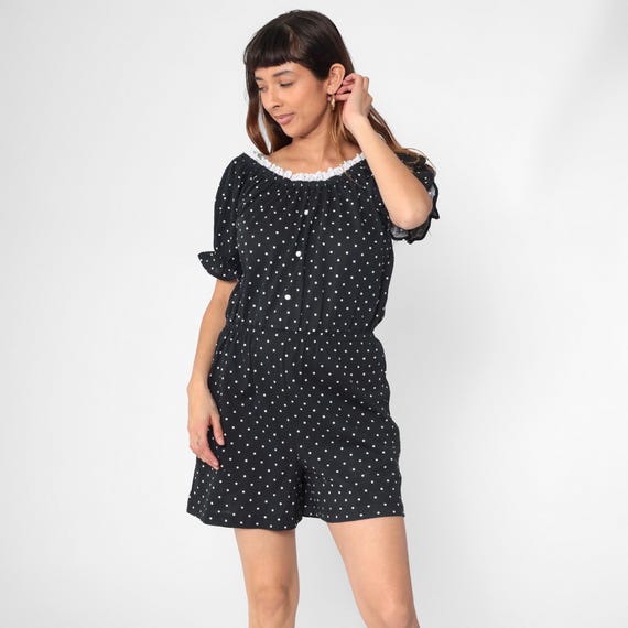 80s Polka Dot Romper Black White Eyelet Lace Trim Puff Sleeve Playsuit Summer Peasant One Piece 1980s Vintage Retro Elastic Waist Small