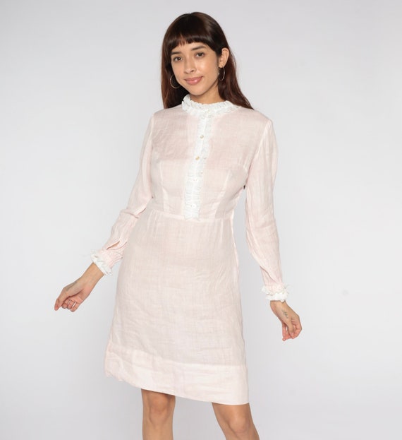 Baby Pink Mini Dress 70s Dolly Dress High Neck Tuxedo Ruffle Dress High Waisted Pastel Feminine Romantic Retro Lolita 1970s Vintage Small S