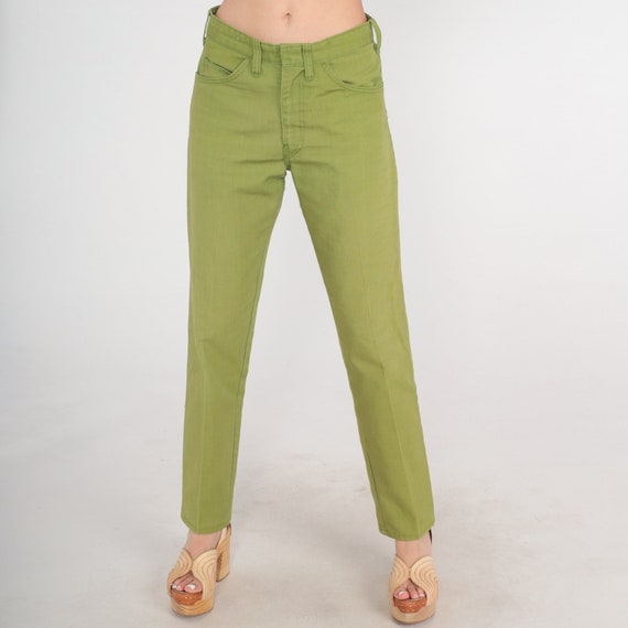 Green Pants 70s Tapered Trousers Mid Rise Creased Slacks Skinny Slim Leg Basic Seventies Plain Hippie 1970s Vintage Small 28