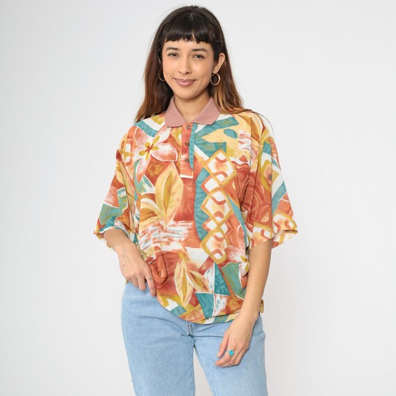 Vintage 90s Abstract Polo Shirt Multicolor Tropical Floral Print Short Sleeve Oversized Collared Button Up 1990s Orange Relaxed Fit Size 3