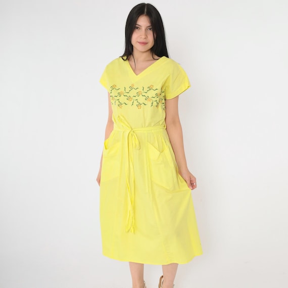 60s Floral Wrap Dress Vintage Yellow Embroidered V Neck Boho Tea Length Midi 1960s Full Skirt Bohemian High Waist Pocket Front Medium Large