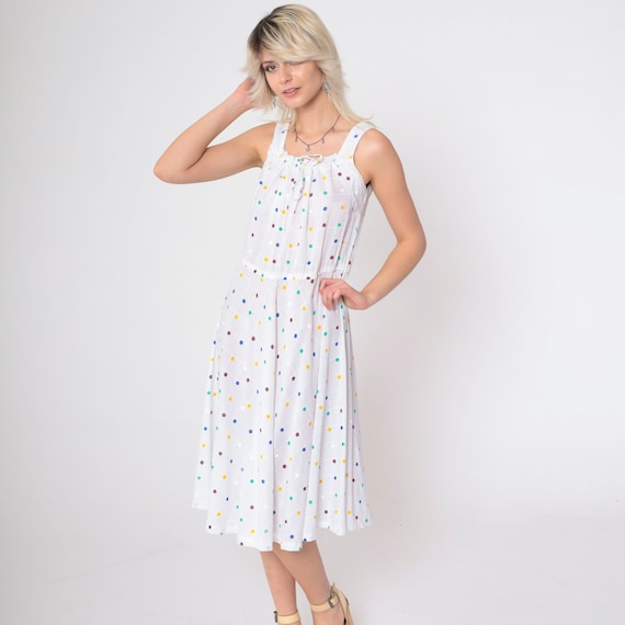 70s Sun Dress White Polka Dot Print Midi Dress Retro High Waisted Sleeveless Semi-Sheer Drawstring Neckline Sundress Vintage 1970s Medium