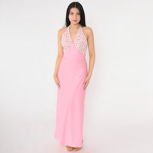 Vintage Pink Halter Dress 70s Floral Maxi Sundress Flower Long Empire Waist Sun Hippie Bohemian Sleeveless 1970s V Neck Extra Small xs