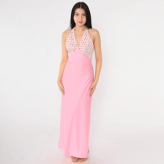 Vintage Pink Halter Dress 70s Floral Maxi Sundress Flower Long Empire Waist Sun Hippie Bohemian Sleeveless 1970s V Neck Extra Small xs