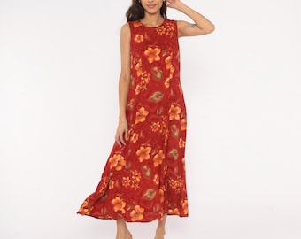 Vestido largo floral de los 90, rojo anaranjado, sin mangas, estampado tropical, corte en A, largo hasta los tobillos, estilo veraniego, con abertura en la espalda, columna, estilo vintage, talla M