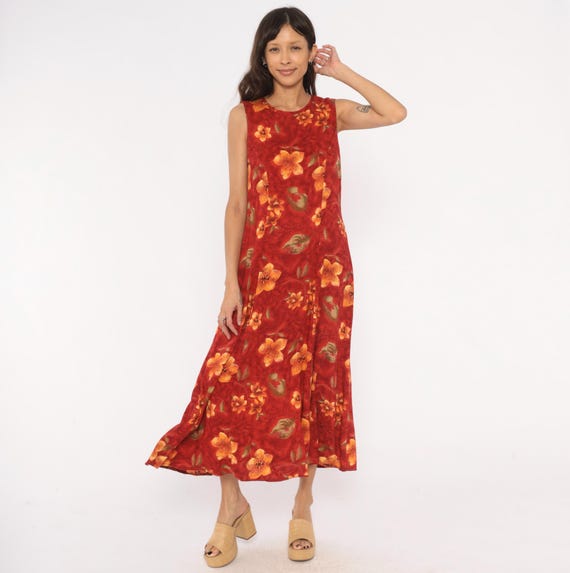 90s Floral Maxi Dress Red Orange Sleeveless Sundress Tropical Print A Line Ankle Length Summer Shift Keyhole Back Column Vintage Medium M