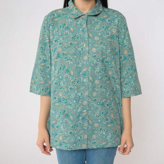 Y2K Paisley Shirt Green Button Up Shirt Orange Psychedelic Shirt 3/4 Sleeve Collared Top 00s Shirt Vintage Medium