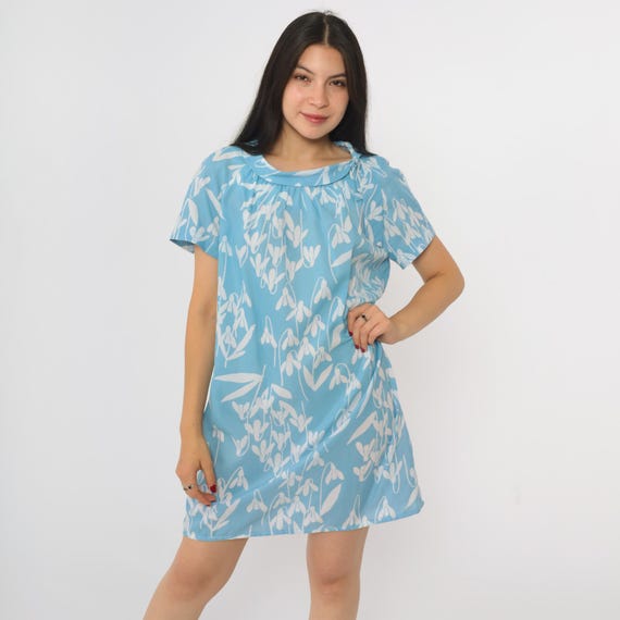 60s Floral Mini Dress Shift Blue White Abstract Print Mod Dress Boho Twiggy Vintage Sixties Minidress 1960s Short Sleeve Tie Collar Medium M