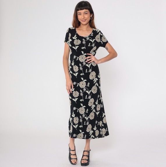 90s Floral Dress Black Stretchy Midi Sheath Dress Summer Boho Scoop Neck 1990s Bohemian Vintage Retro Short Sleeve Spandex Extra Large xl