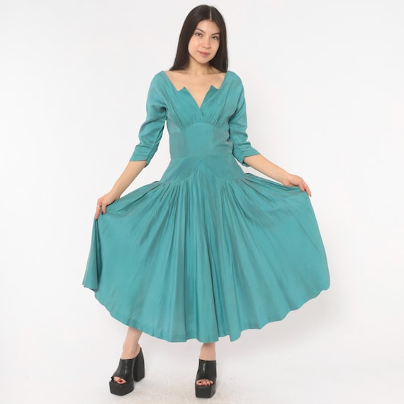 40s Teal Dress V Neck Notched Neckline Three Quarter Sleeve Drop Waist Pleated Back Zipper Blue Green Cocktail Tea Party Vintage Small S