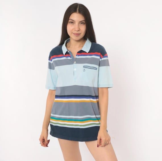 Y2K Penguin Striped Polo Cotton Short Sleeve Multicolor Colorblock Blue Grey Red Mustard Teal Collared Shirt Preppy Collegiate Top Large L