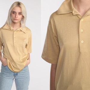 Beige Polo Shirt 70s Half Button Up Shirt Collared Short Sleeve Geek Retro Shirt Plain Vintage 1970s Small image 1