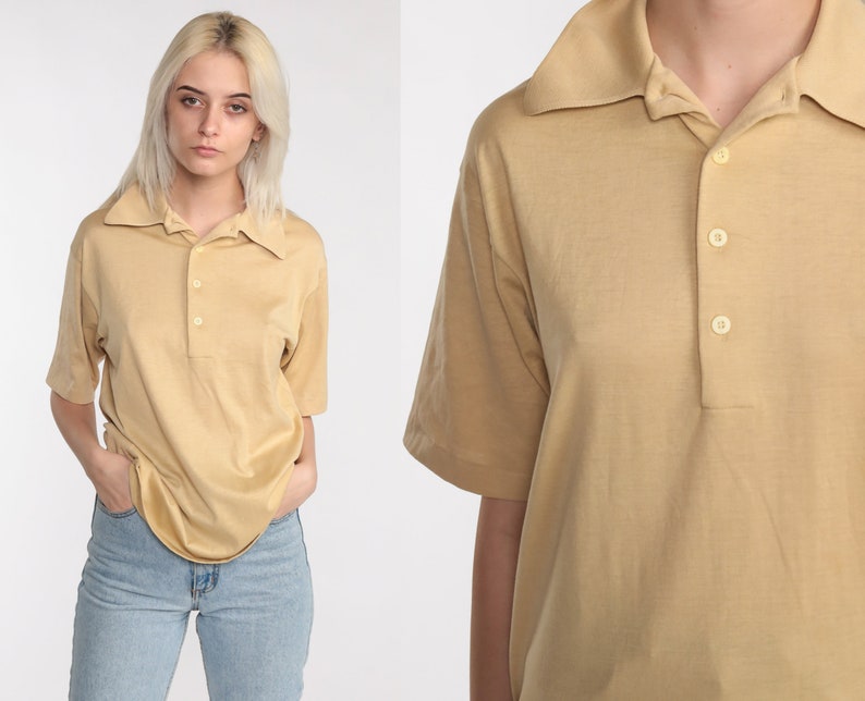 Beige Polo Shirt 70s Half Button Up Shirt Collared Short Sleeve Geek Retro Shirt Plain Vintage 1970s Small image 1