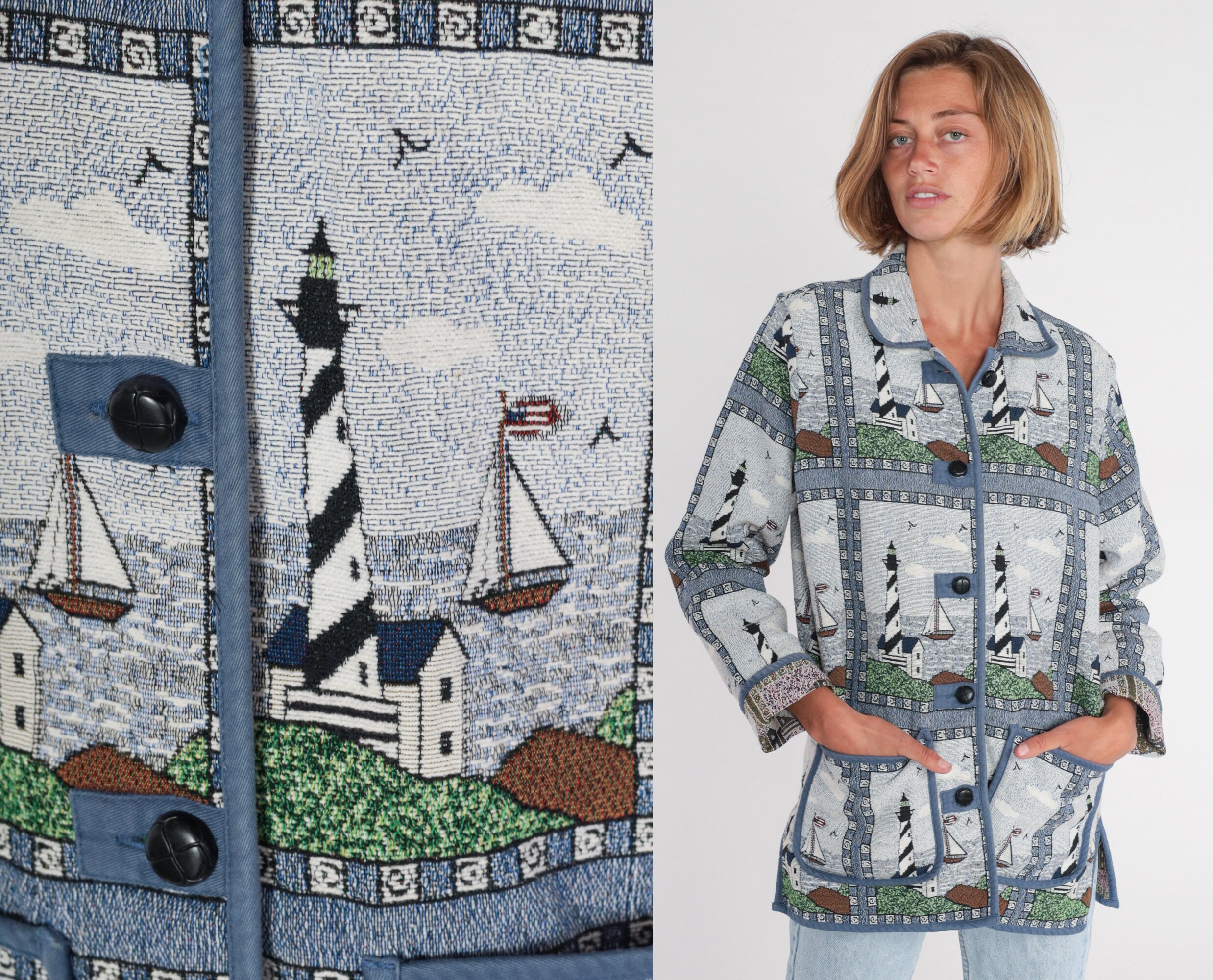 Lighthouse Jacket Y2k Nautical Tapestry Jacket Button up Woven 
