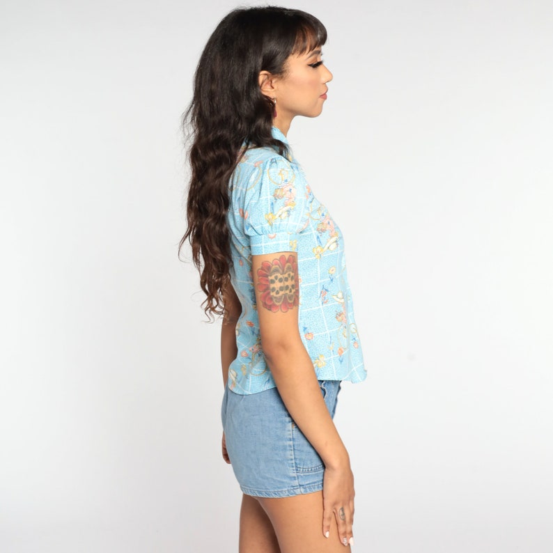 70s Blouse Cute Bike Print Shirt Puff Sleeve Blouse 60s Bicycle Top Boho 1970s Hippie Novelty Vintage Button Up Baby Blue Extra Small xs image 4