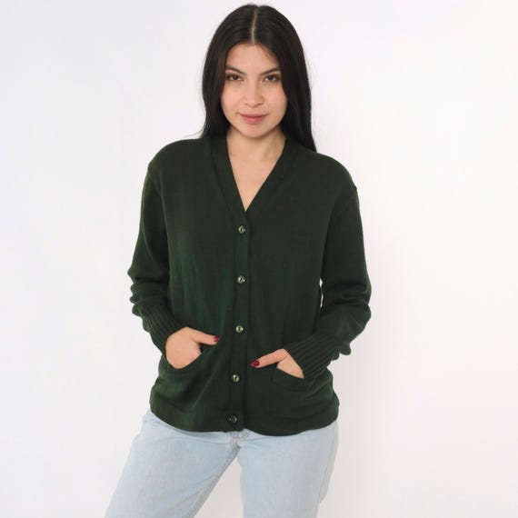 Vintage Dark Green Wool Cardigan 50s 60s Button up Knit Sweater Retro Grandpa Plain Simple Basic Fall Knitwear 1960s Medium M
