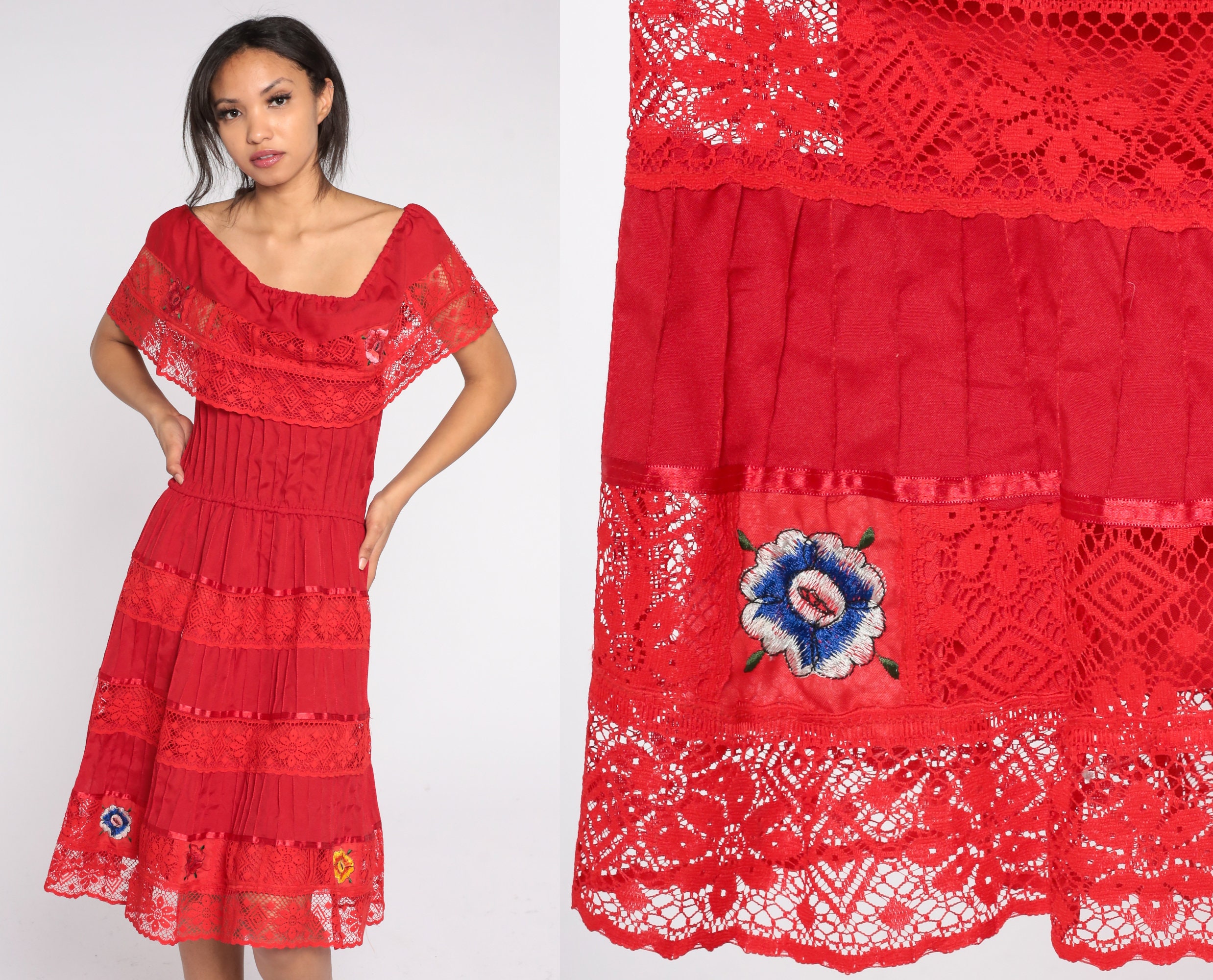 Mexican Peasant Dress 90s Floral Embroidered Red Off Shoulder Midi