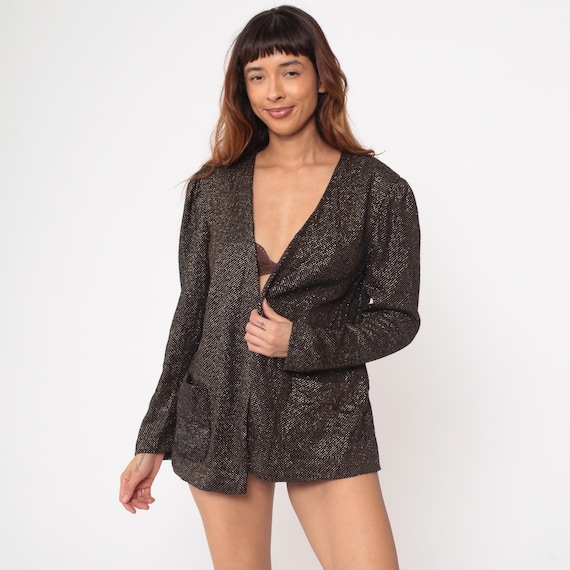 Metallic Blazer 80s Black Gold Lady Devon Vintage V-Neck Open Front Acrylic Sparkle Evening Party Cocktail Shawl Cover Medium