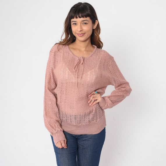 Vintage Dust Pink Sweater 70s Sheer Pointelle Knit Pullover Sweater Cut Out Bow Tie Cutout Hippie Spring Acrylic 1970s Openwork Medium M