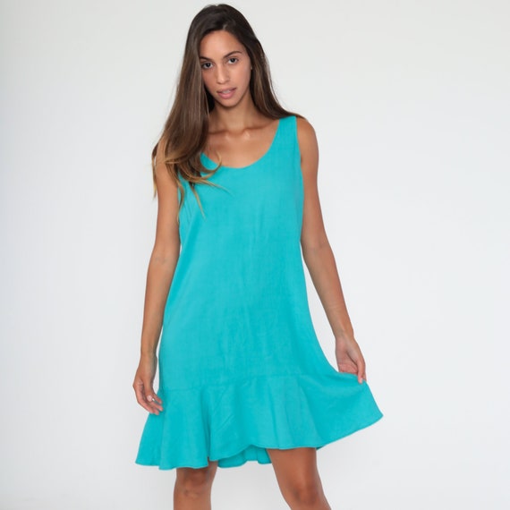 Turquoise Jumper Dress 90s Mini Blue Pinafore Shift 1990s Grunge Shift Dress Vintage Minidress Sleeveless Medium
